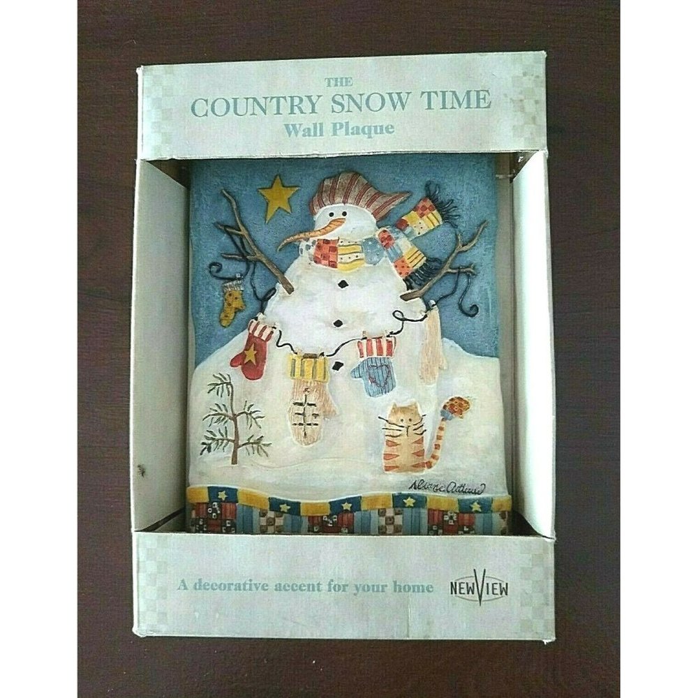 New View Wall Plaque Country Snow Time Winter Snowman Hanging Mittens Cat 3-D